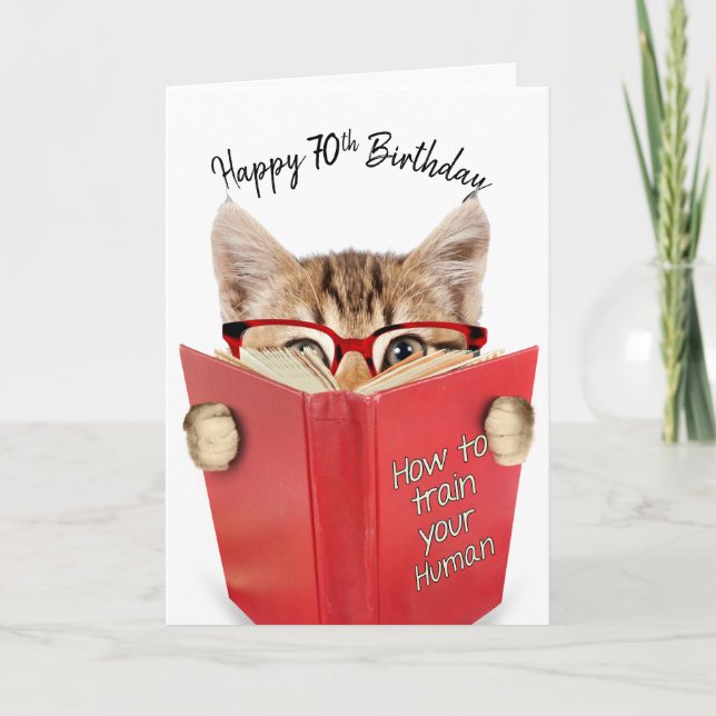 Cat with Glasses and Red Book 70th Birthday   Card (Front)