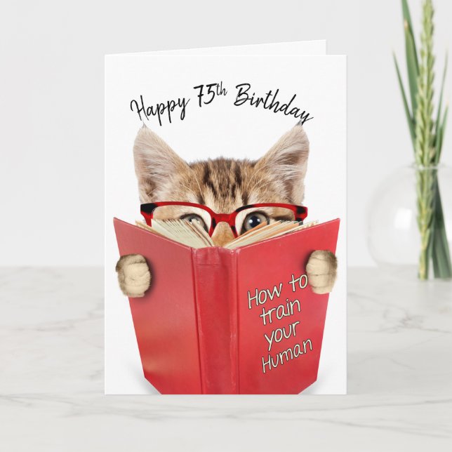 Cat with Glasses and Red Book 75th Birthday   Card (Front)