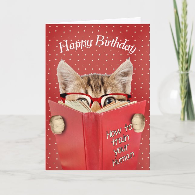 Cat with Glasses and Red Book Birthday Card (Front)
