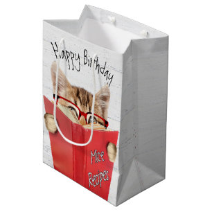 Cat with Glasses and Red Book Birthday  Medium Gift Bag