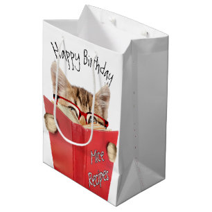 Cat with Glasses and Red Book Birthday Medium Gift Bag