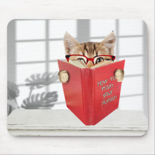Cat with Glasses and Red Book Mouse Pad