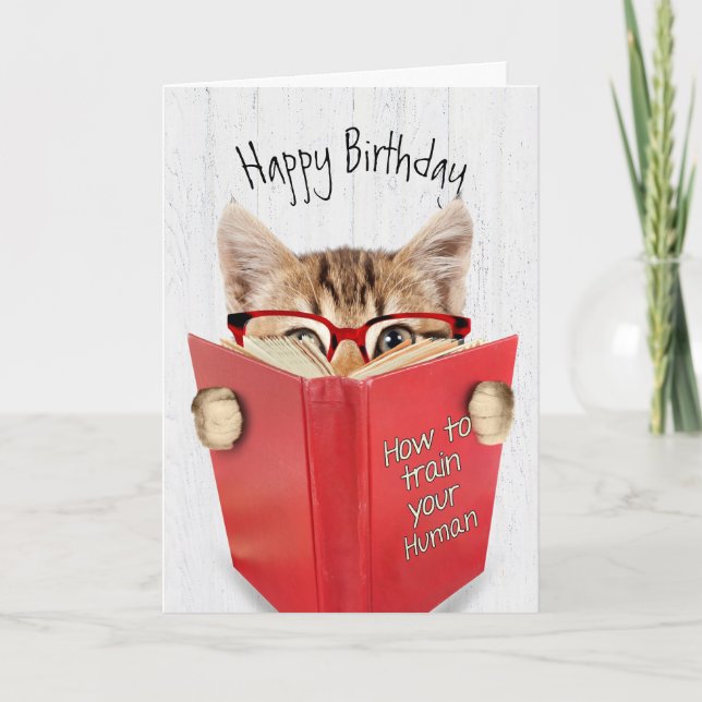 Cat with Glasses and Red Book on Wood Card (Front)
