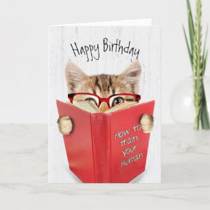 Cat with Glasses and Red Book on Wood Card