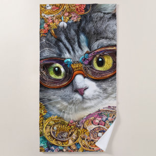 Cat With Glasses Beach Towel