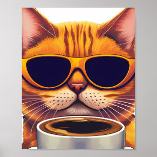 cat with glasses drinking coffee poster
