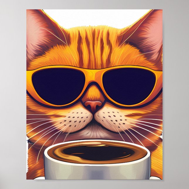 cat with glasses drinking coffee poster (Front)