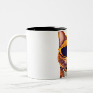cat with glasses drinking coffee Two-Tone coffee mug