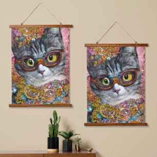 Cat With Glasses  Hanging Tapestry