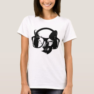 Cat with glasses listening music headphones T-Shirt