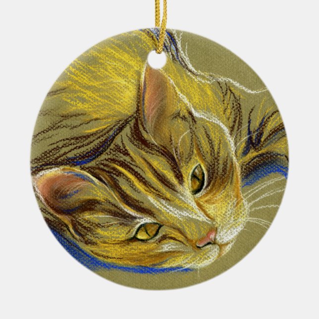 Cat with Gold Eyes - Pastel Drawing Ceramic Tree Decoration (Front)