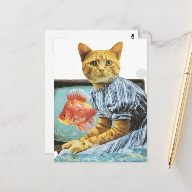 Cat With Goldfish on TV Collage Postcard (Front/Back In Situ)
