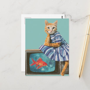 Cat With Goldfish on TV Retro Collage Postcard
