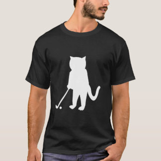 Cat with golf club in front of tee silhouette