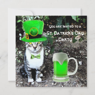 CAT WITH GREEN IRISH BEER ST PATRICK'S DAY PARTY INVITATION