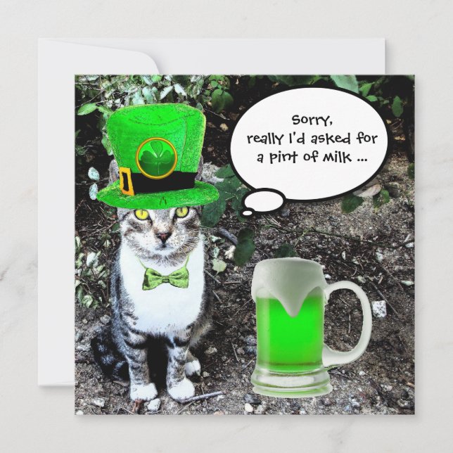 CAT WITH GREEN IRISH BEER ST PATRICK'S DAY PARTY INVITATION (Front)