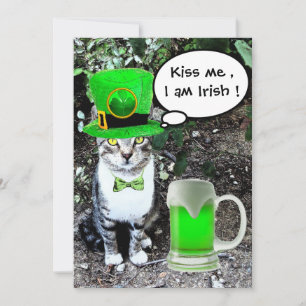 CAT WITH GREEN IRISH BEER ST PATRICK'S DAY PARTY INVITATION