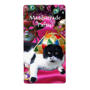 CAT WITH HARLEQUIN HAT AND MASQUERADE PARTY MASKS