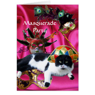 CAT WITH HARLEQUIN HAT AND MASQUERADE PARTY MASKS