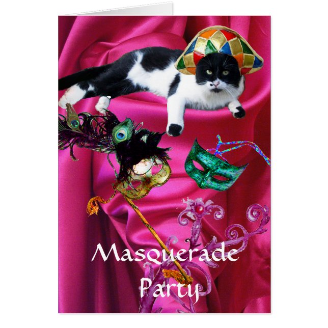 CAT WITH HARLEQUIN HAT AND MASQUERADE PARTY MASKS (Front)