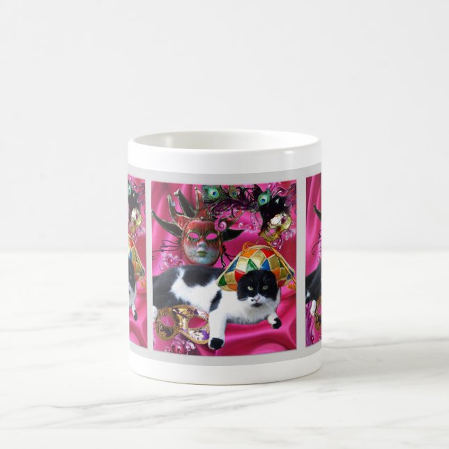 CAT WITH HARLEQUIN HAT AND MASQUERADE PARTY MASKS COFFEE MUG (Center)