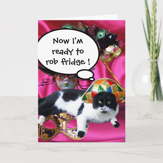 CAT WITH HARLEQUIN HAT AND MASQUERADE PARTY MASKS HOLIDAY CARD (Front)