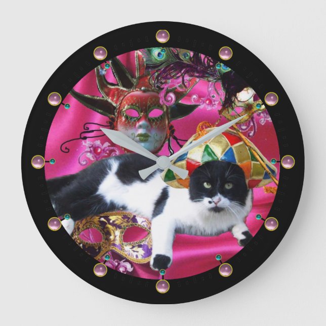 CAT WITH HARLEQUIN HAT AND MASQUERADE PARTY MASKS LARGE CLOCK (Front)
