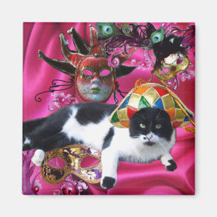 CAT WITH HARLEQUIN HAT AND MASQUERADE PARTY MASKS MAGNET
