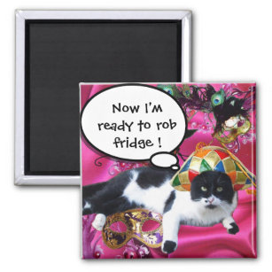 CAT WITH HARLEQUIN HAT AND MASQUERADE PARTY MASKS MAGNET