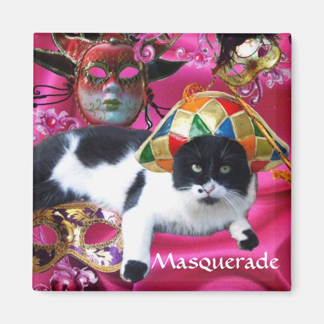 CAT WITH HARLEQUIN HAT AND MASQUERADE PARTY MASKS MAGNET (Front)
