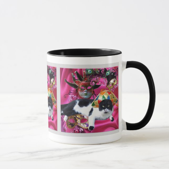 CAT WITH HARLEQUIN HAT AND MASQUERADE PARTY MASKS MUG (Right)
