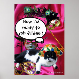 CAT WITH HARLEQUIN HAT AND MASQUERADE PARTY MASKS POSTER
