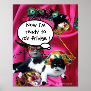 CAT WITH HARLEQUIN HAT AND MASQUERADE PARTY MASKS POSTER