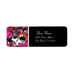 CAT WITH HARLEQUIN HAT AND MASQUERADE PARTY MASKS RETURN ADDRESS LABEL