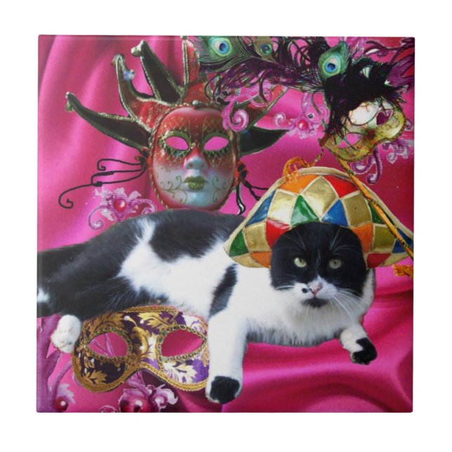 CAT WITH HARLEQUIN HAT AND MASQUERADE PARTY MASKS TILE (Front)