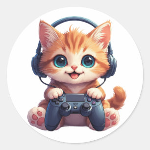 Cat with headphones and controller classic round sticker