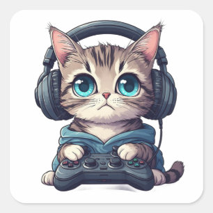 Cat with headphones and controller square sticker