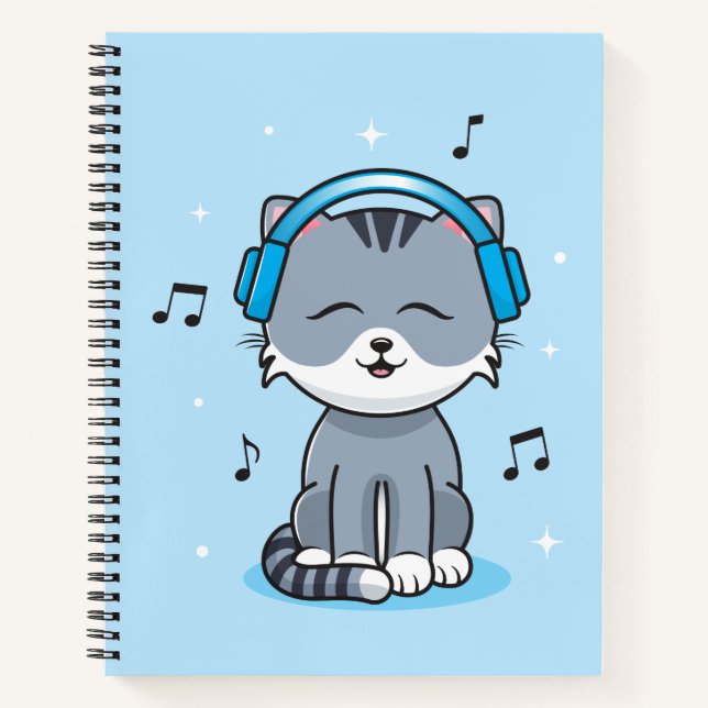 Cat with Headphones College-Ruled (8.5x11) Notebook (Front)