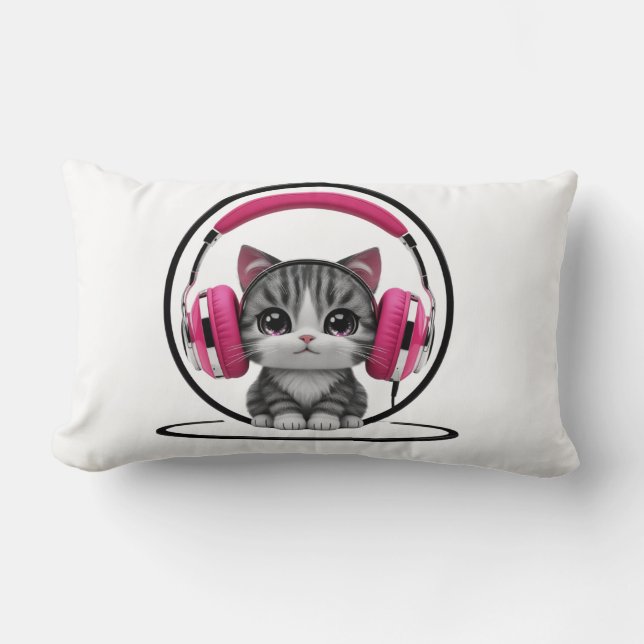 Cat  with headphones lumbar cushion (Front)