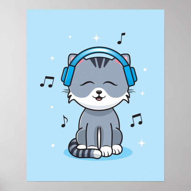 Cat with Headphones Poster (16x20) (Front)