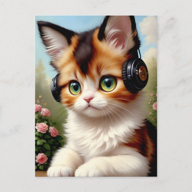 Cat with Headphones - Vintage Painting. Postcard (Front)