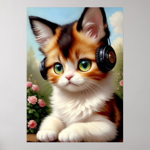 Cat with Headphones - Vintage Painting. Poster