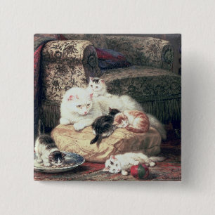 Cat with her Kittens on a Cushion 15 Cm Square Badge