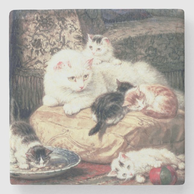 Cat with her Kittens on a Cushion Stone Coaster (Front)
