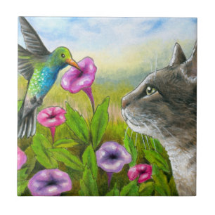 Cat with Hummingbird 591 Ceramic Tile