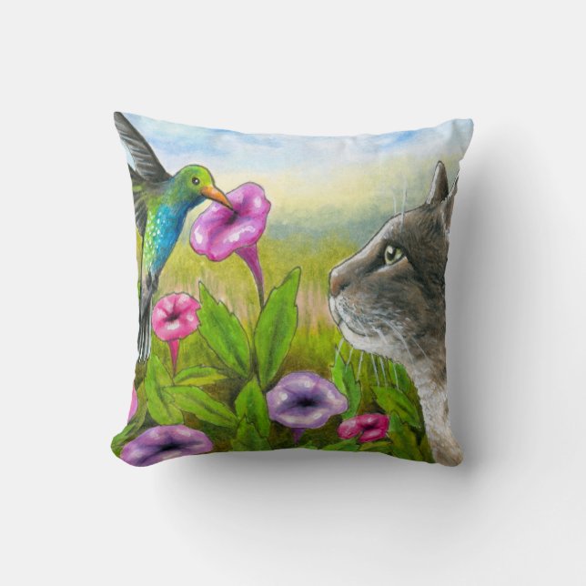 Cat with Hummingbird 591 Cushion (Front)