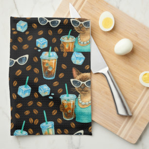 Cat with Ice Coffee for Siamese Cat Lovers Tea Towel