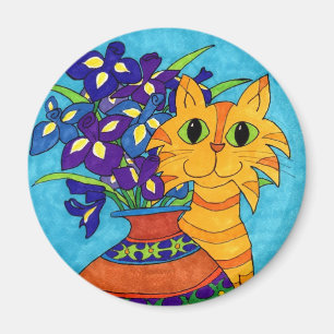 Cat with Irises in Talavera Vase Magnet