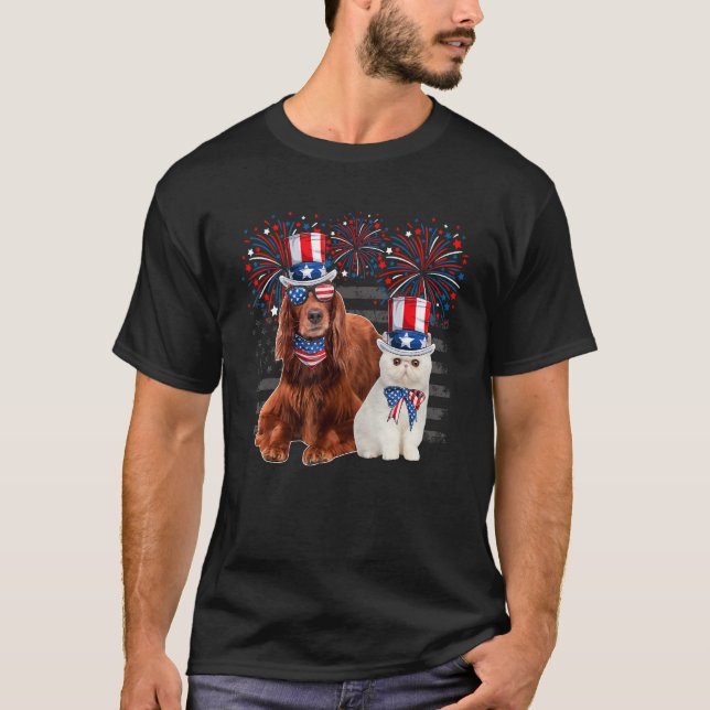 Cat With Irish Setter Sunglasses American Flag 4th T-Shirt (Front)