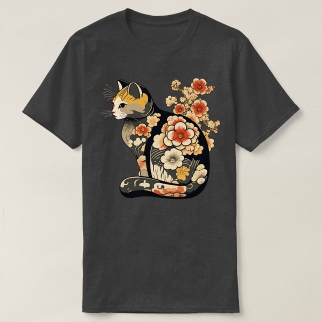 Cat with Japanese flower tattoos T-Shirt (Design Front)